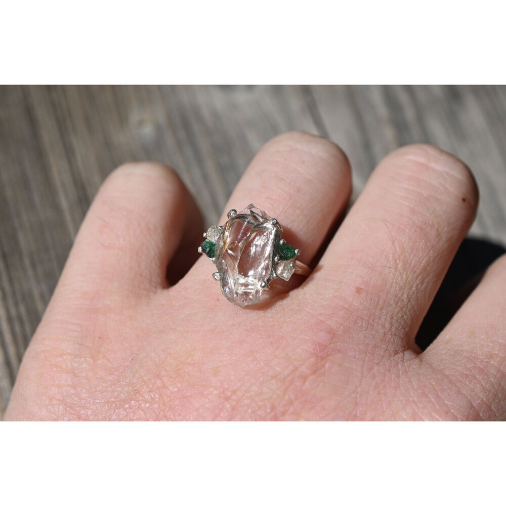 Real Emerald Rings, Genuine Uncut Emerald Jewelry, Raw Diamond Ring, Natural Gem